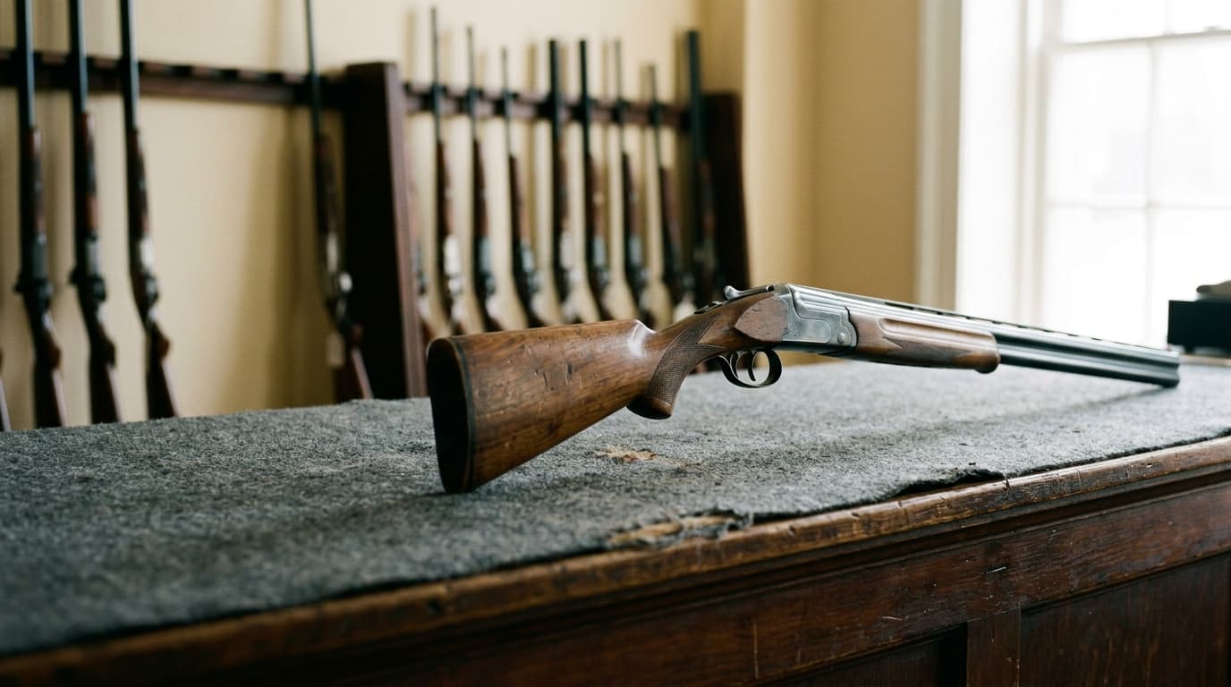 Used over-under shotgun on a felt counter