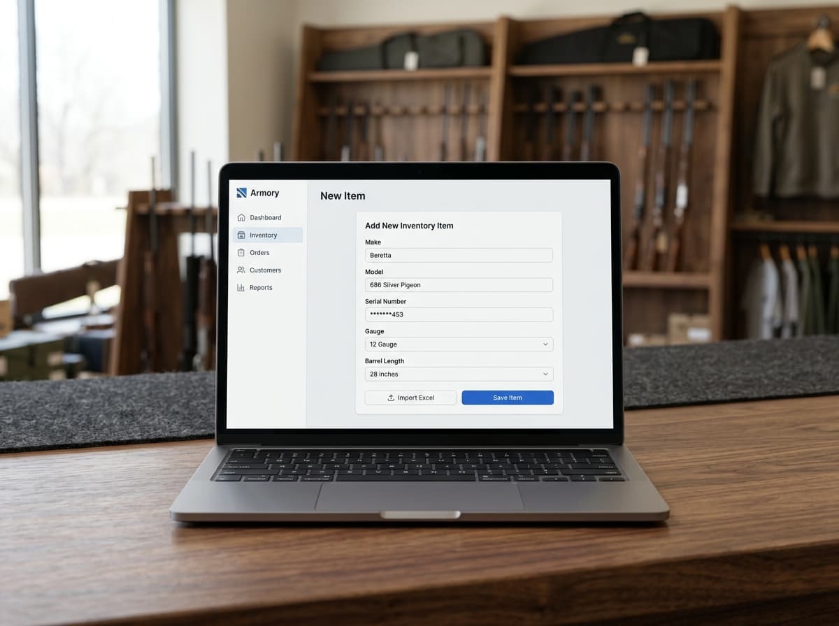 New Item form on a laptop at a sporting shop counter
